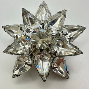 1950s vintage silver tone clear large glass rhinestones starburst brooch